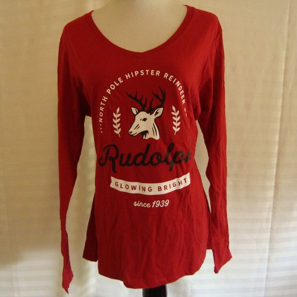 New Port And Company Rudolph Long Sleeve V- Neck Graphic T-Shir tRed Size 3XL - Picture 4 of 4